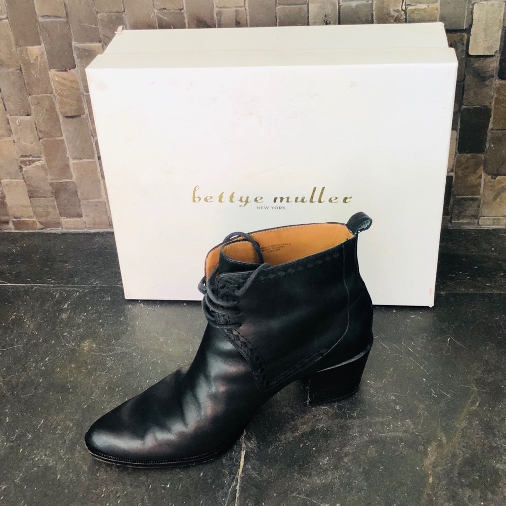Bettye Muller Black Leather Ankle Boots